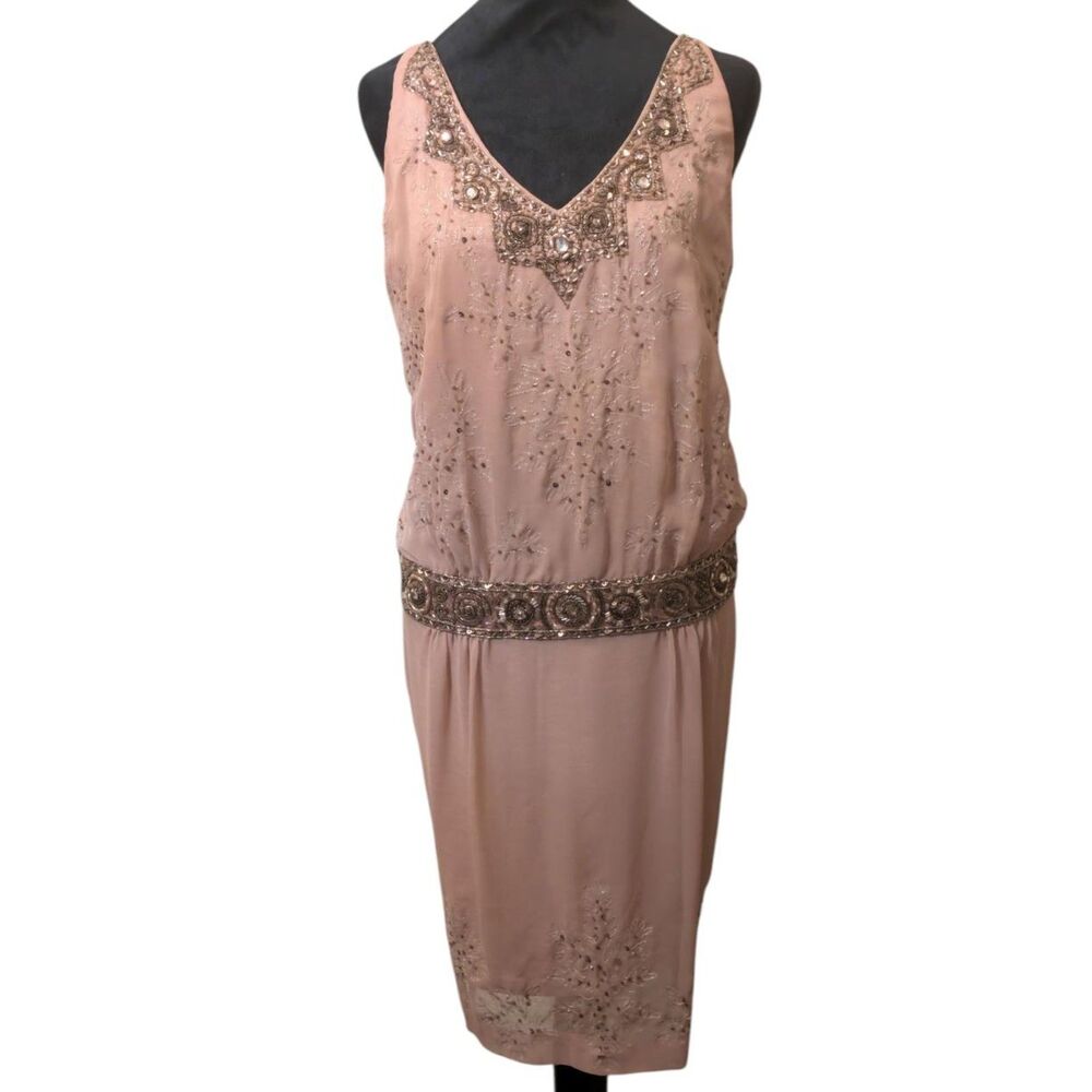 Sue Wong Nocturne Beaded Fairy Dress Size 14 Blush Pink Silk Chiffon Cocktail